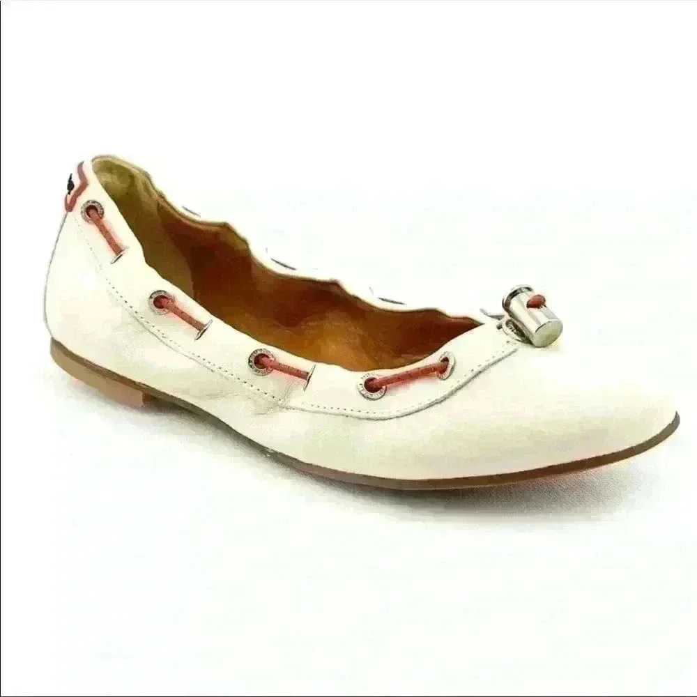 Hunter Dominica White Leather Flats Pull Tie 8